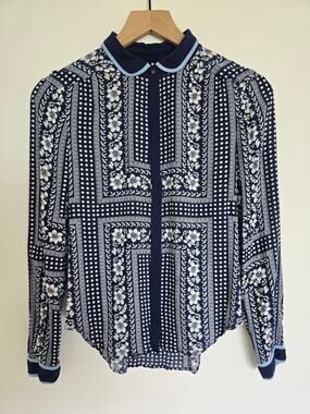 Anthropologie Maeve Art House Navy Blue Peter Pan Collar Blouse Size 2